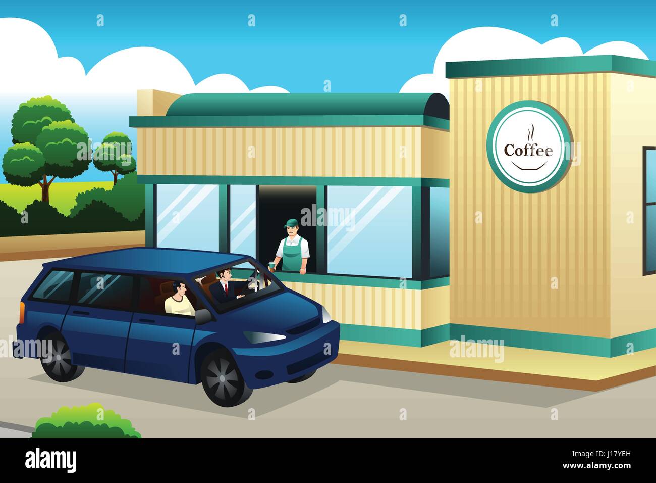 Una illustrazione vettoriale delle persone che acquistano il caffè al drive-thru Coffee Shop Illustrazione Vettoriale