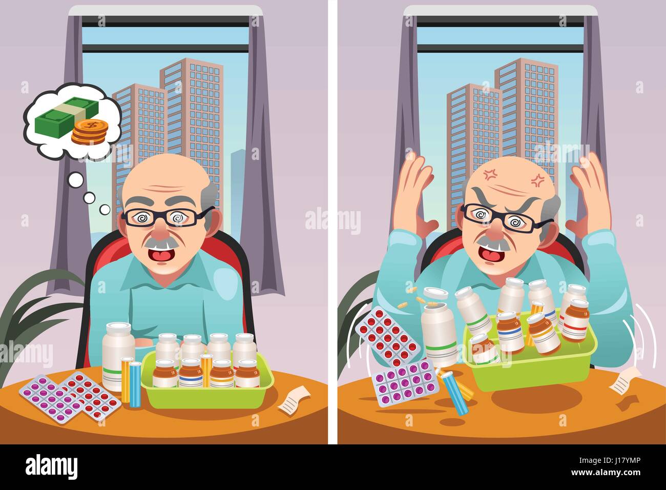 Una illustrazione vettoriale di un anziano uomo arrabbiato a costo della sua prescrizione di farmaci Illustrazione Vettoriale