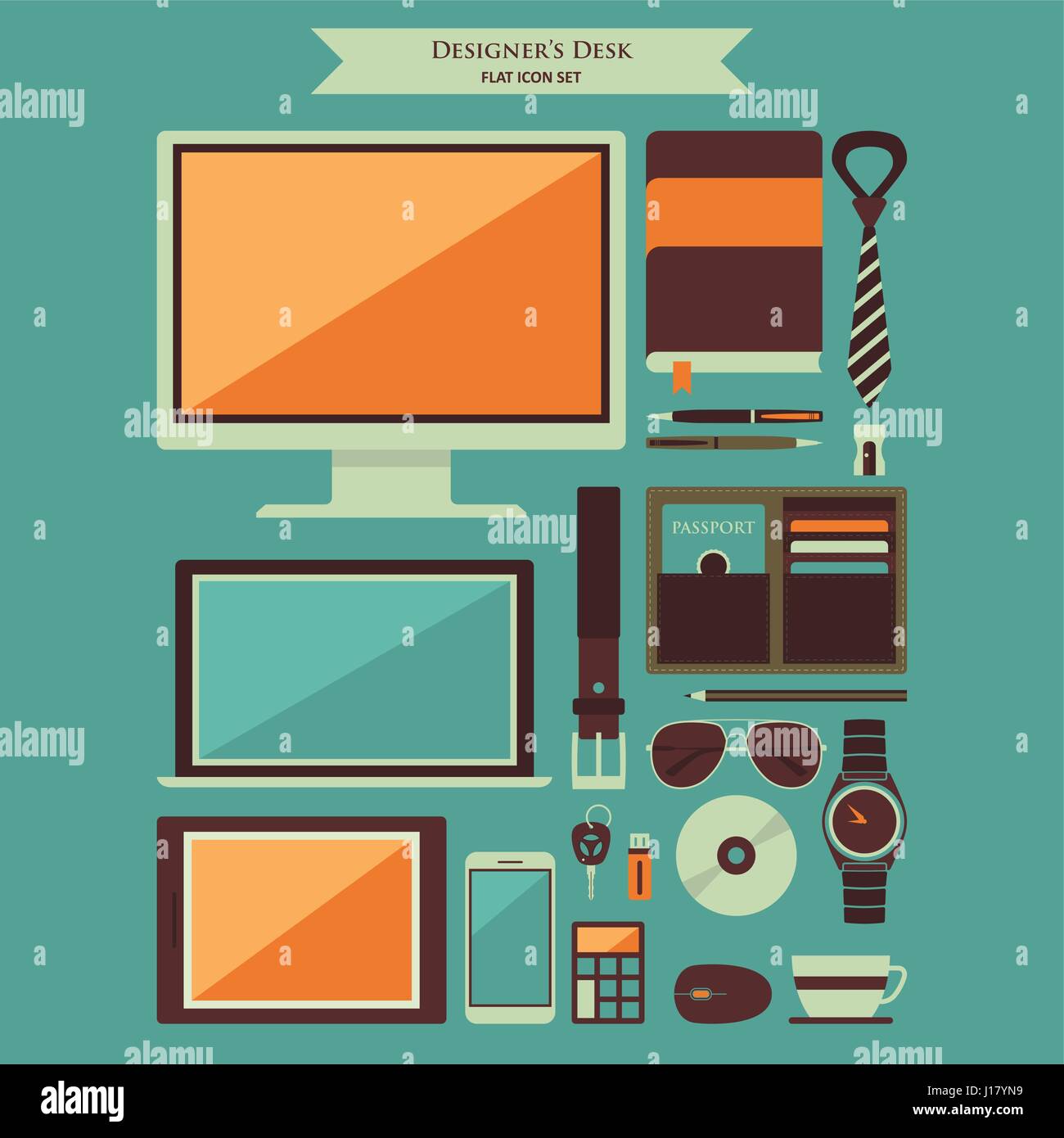 Una illustrazione vettoriale del designer di oggetti del desktop icone piatta Illustrazione Vettoriale