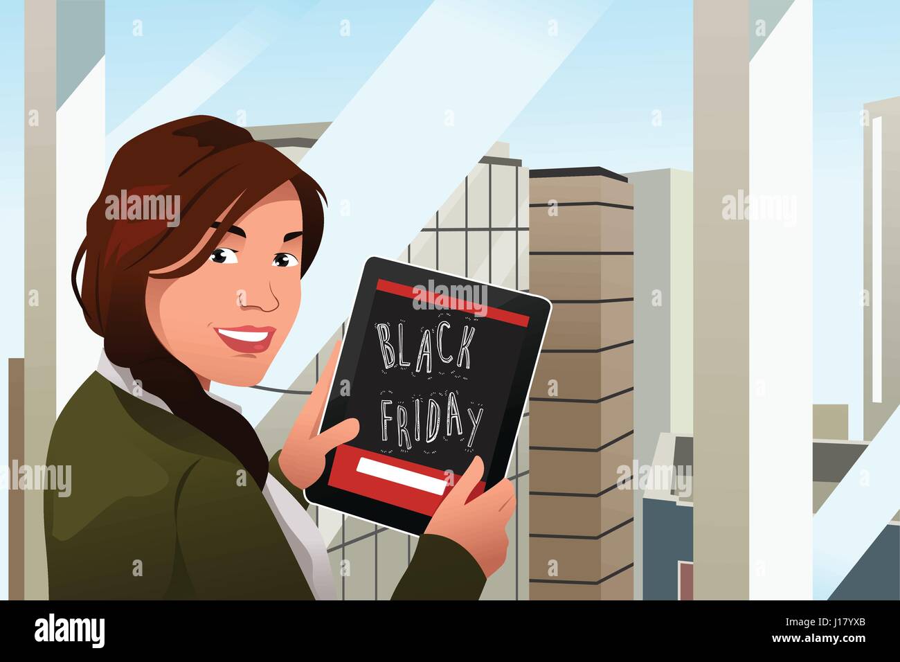 Una illustrazione vettoriale di una bella donna che guarda ai Tablet PC per il Black Friday Shopping Illustrazione Vettoriale