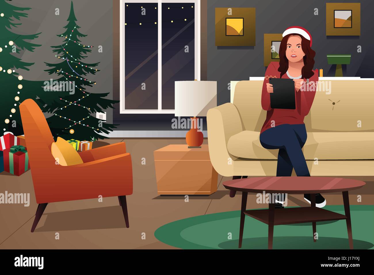 Una illustrazione vettoriale di bella donna guardando il Tablet PC per lo Shopping di Natale Illustrazione Vettoriale