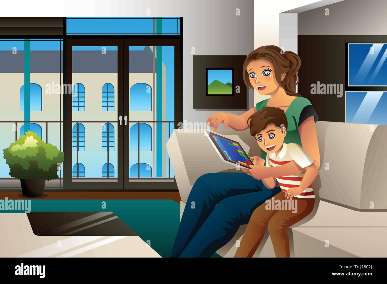 Una illustrazione vettoriale di madre e figlio giocando su Tablet PC Illustrazione Vettoriale