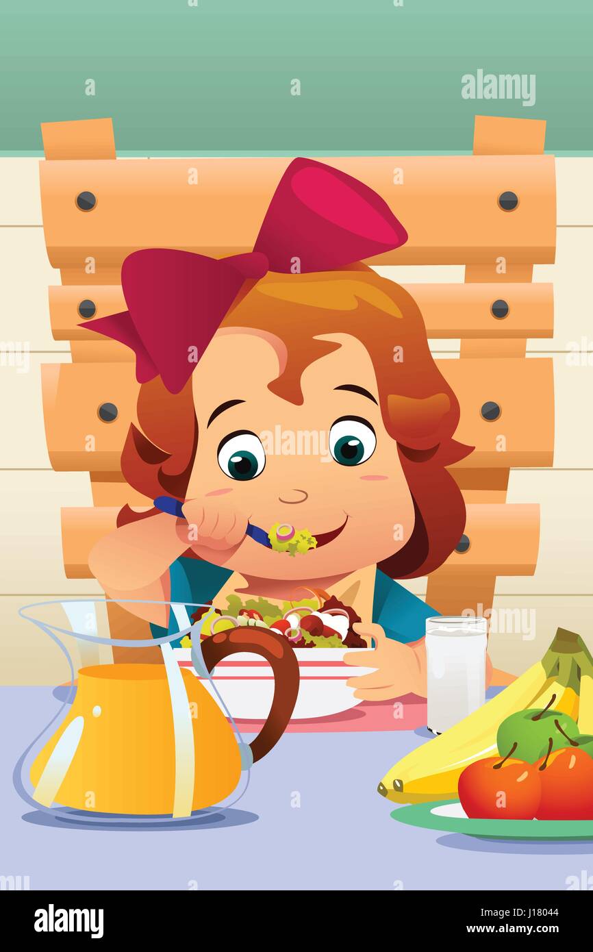 Una illustrazione vettoriale di una bambina di mangiare insalate Illustrazione Vettoriale