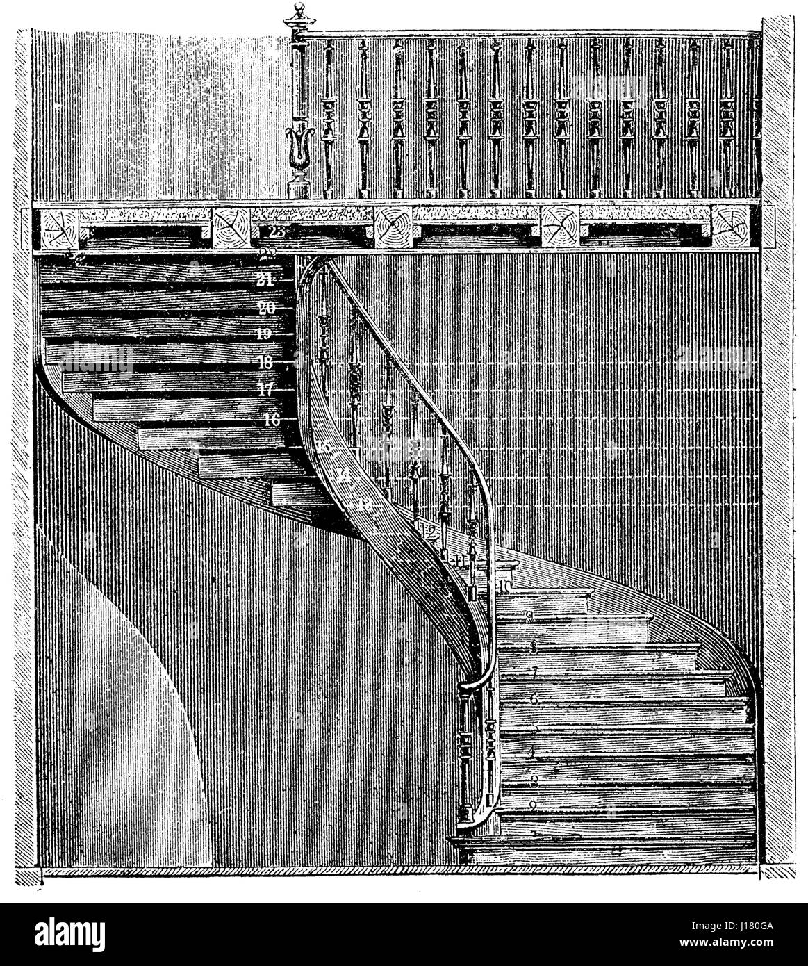 Incisione vintage del dettaglio di una scala a chiocciola dal XIX secolo Foto Stock