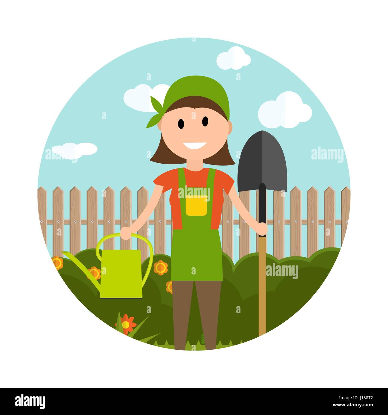 Sfondo giardino illustrazione vettoriale. Agricoltore giardiniere donna in Illustrazione Vettoriale
