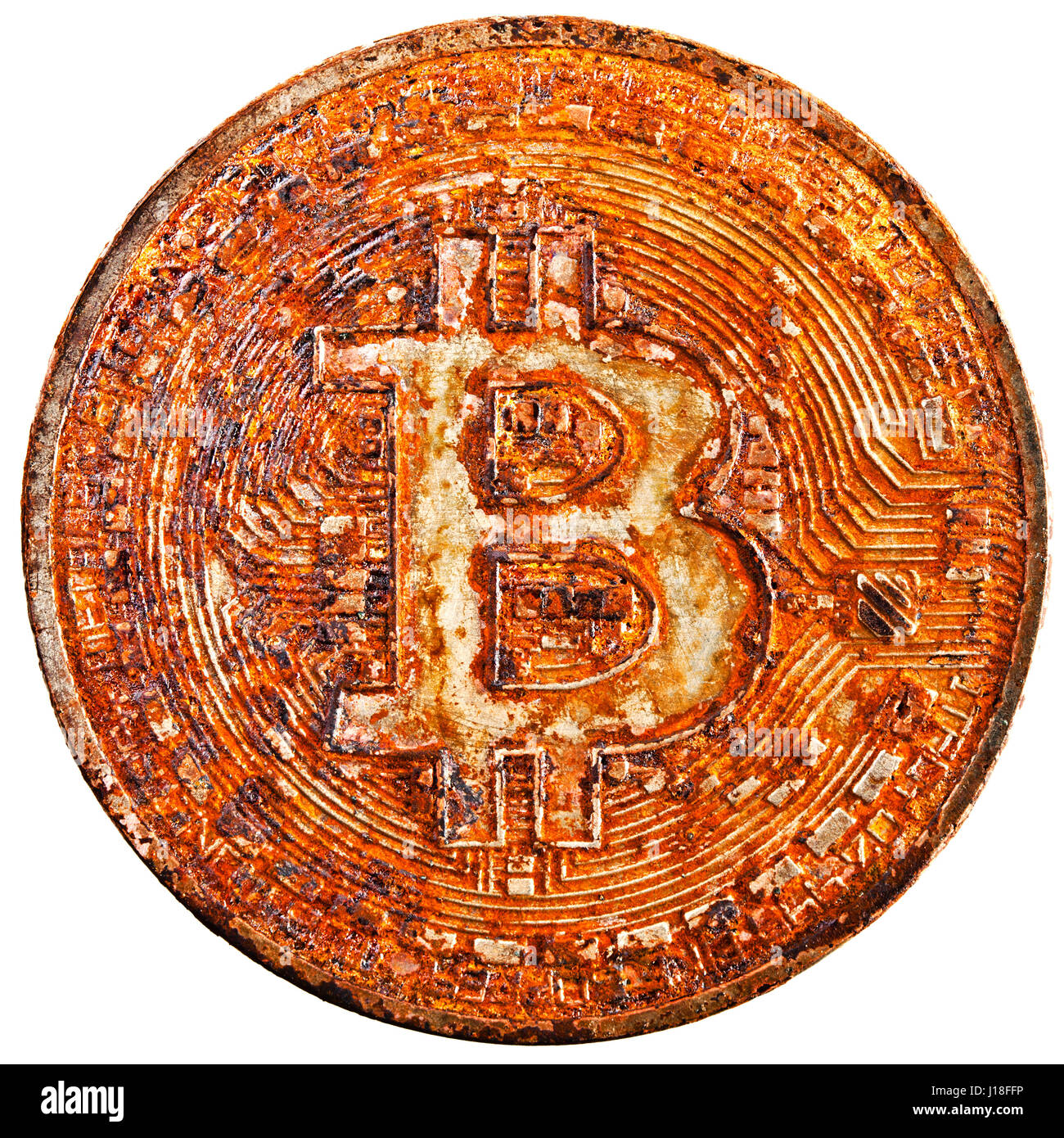 Rusty bit-coin isolati su sfondo bianco Foto Stock