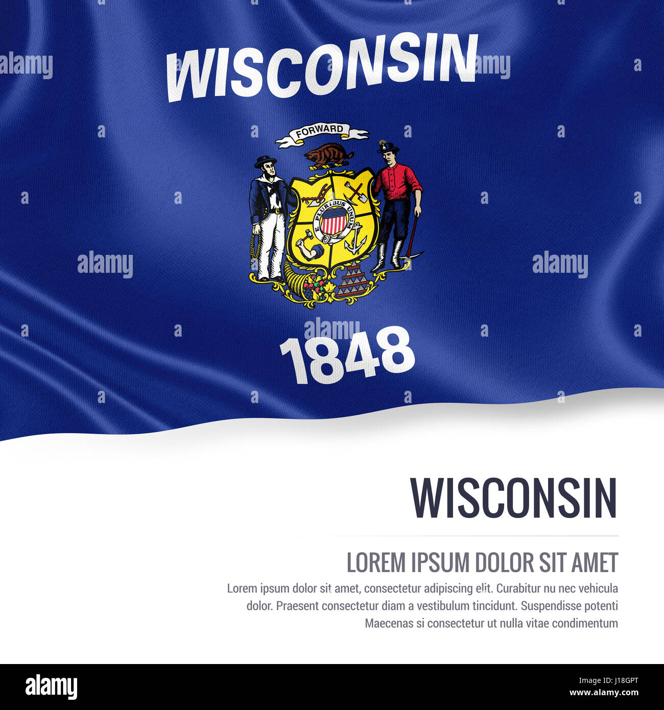 Bandiera di stato degli USA Wisconsin sventolando isolato su un fondo bianco. Il nome dello stato e l'area di testo per il messaggio. Foto Stock