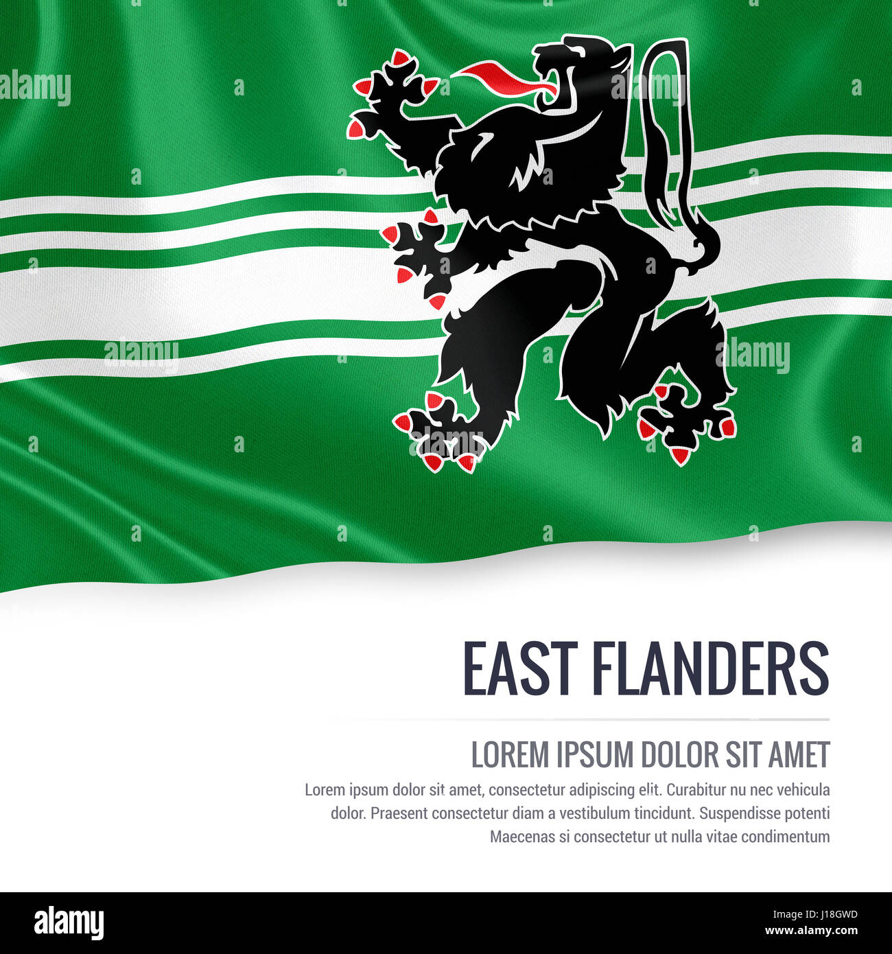 Bandiera di Stato belga Fiandre Orientali sventolando isolato su un fondo bianco. Il nome dello stato e l'area di testo per il messaggio. Foto Stock