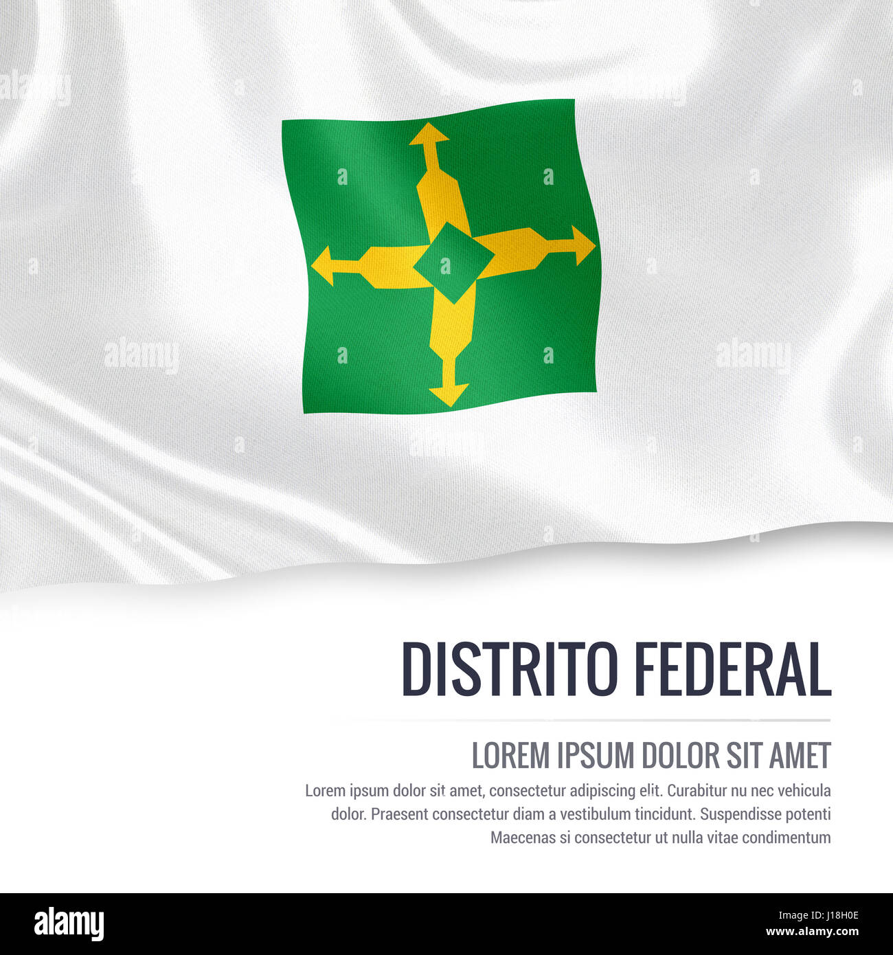 Bandiera di stato brasiliano Distrito Federal sventolando isolato su un fondo bianco. Il nome dello stato e l'area di testo per il messaggio. Il rendering 3D. Foto Stock