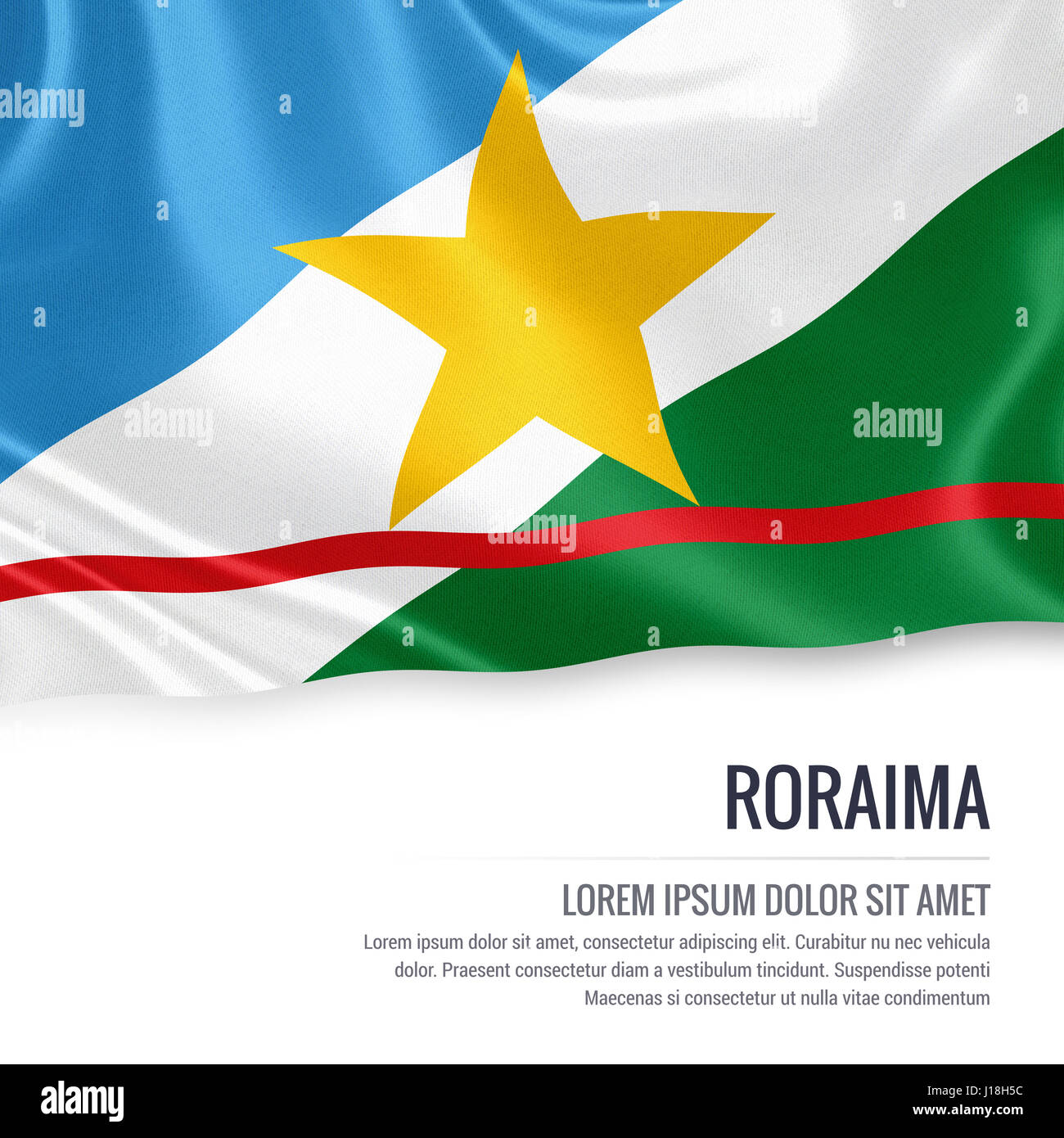 Bandiera dello stato brasiliano di Roraima sventolando isolato su un fondo bianco. Il nome dello stato e l'area di testo per il messaggio. Foto Stock