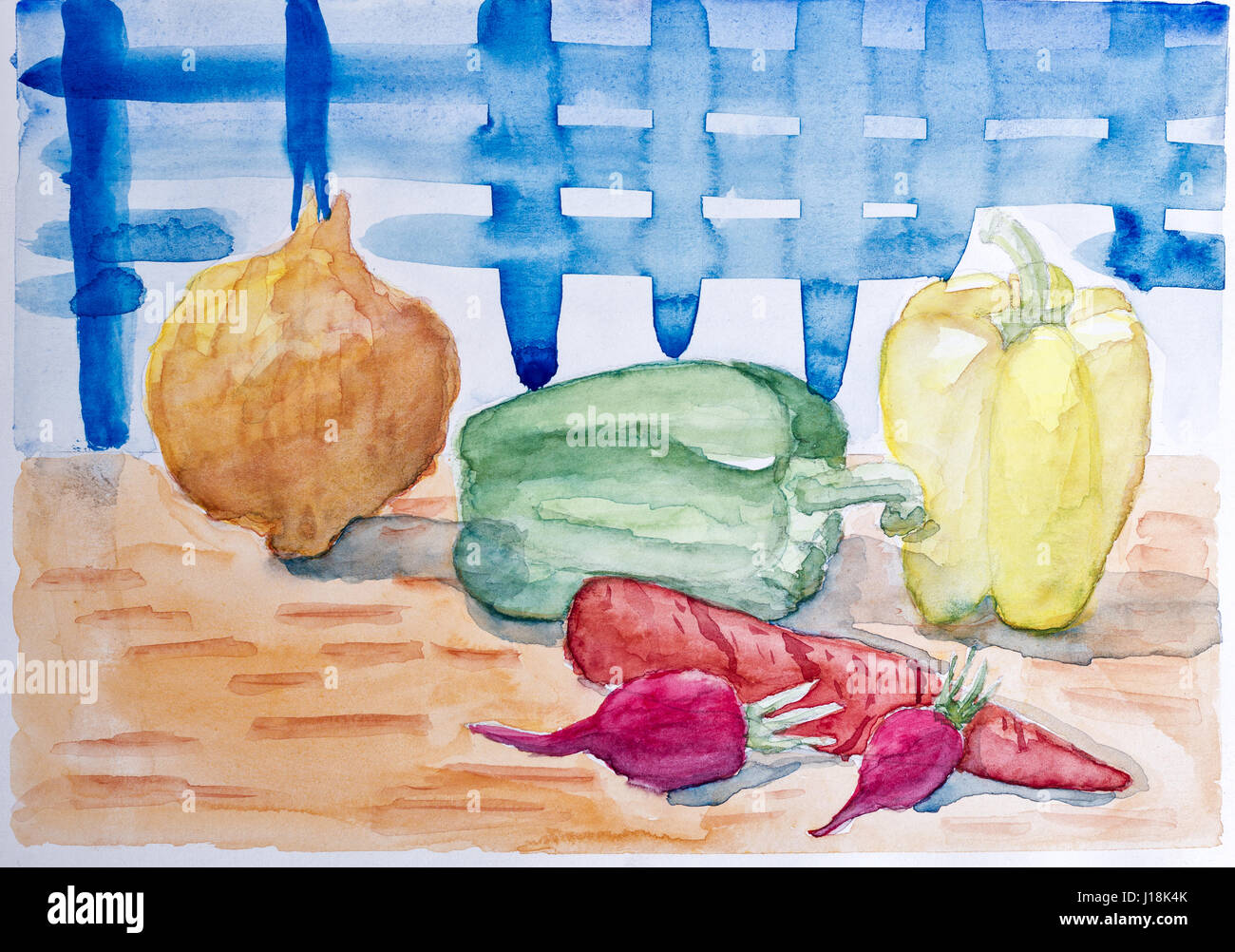 Ancora in vita con vernice ad acquerello. Le verdure sul tavolo della cucina. Cipolle, carote, peperoni e ravanelli. Foto Stock