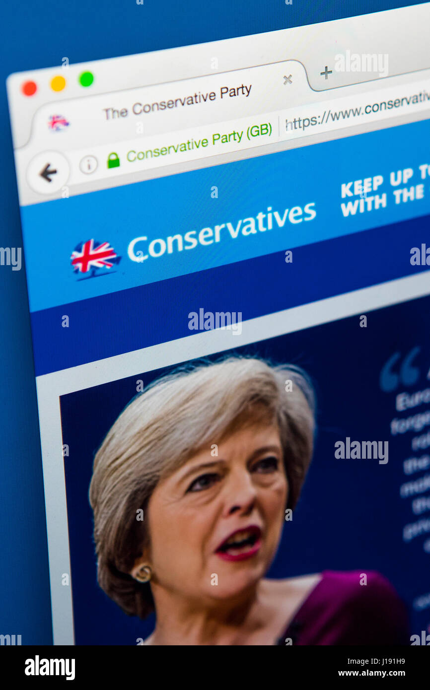 LONDON, Regno Unito - 13 APRILE 2017: La homepage ufficiale del Partito conservatore, il 13 aprile 2017. Foto Stock