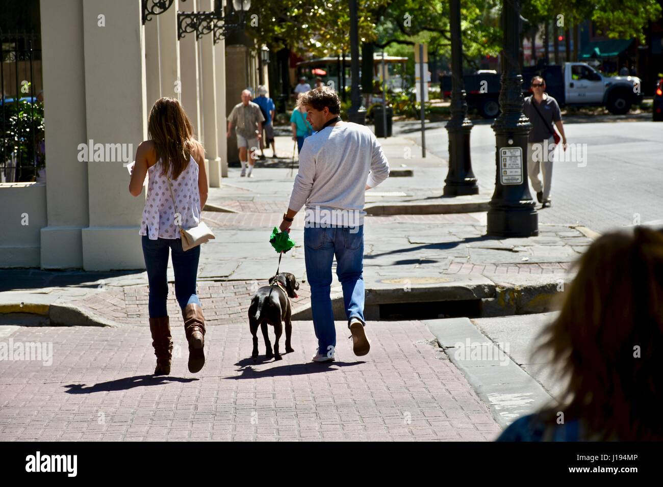 Giovane a piedi un cane in tutta la strada, savana, GA, Stati Uniti d'America Foto Stock
