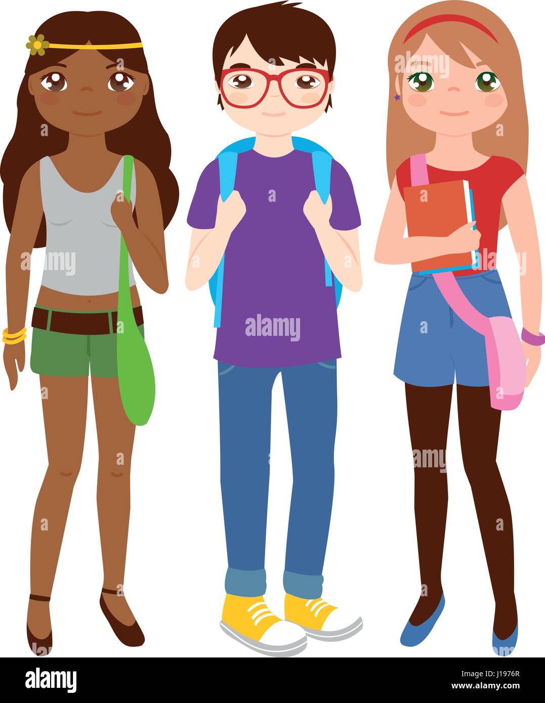 Ragazze e ragazzi adolescenti che tengono borse, zaini e libri. Gruppi diversi di giovani a scuola. Illustrazione vettoriale Illustrazione Vettoriale