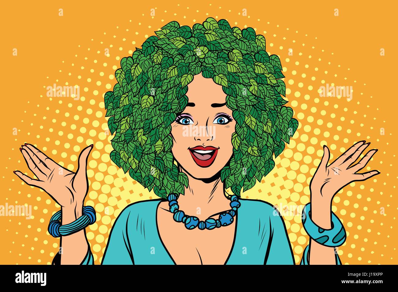 Eco donna capelli piante verdi natura. Attivista ambientalista. La Pop art retrò illustrazione vettoriale Illustrazione Vettoriale