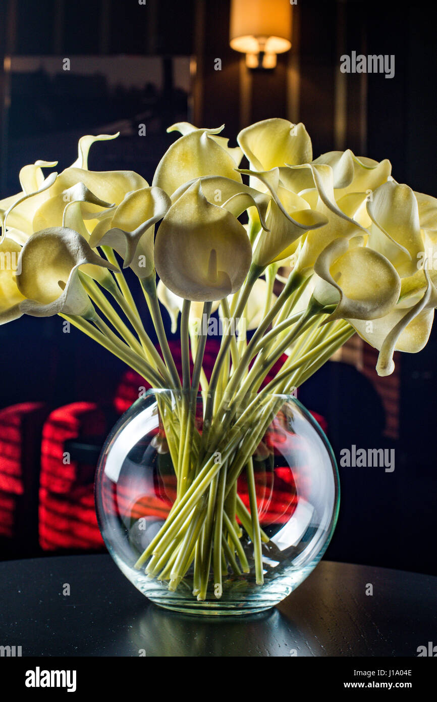 Bel bouquet di bucaneve nel vaso trasparente isolato su nero Foto Stock
