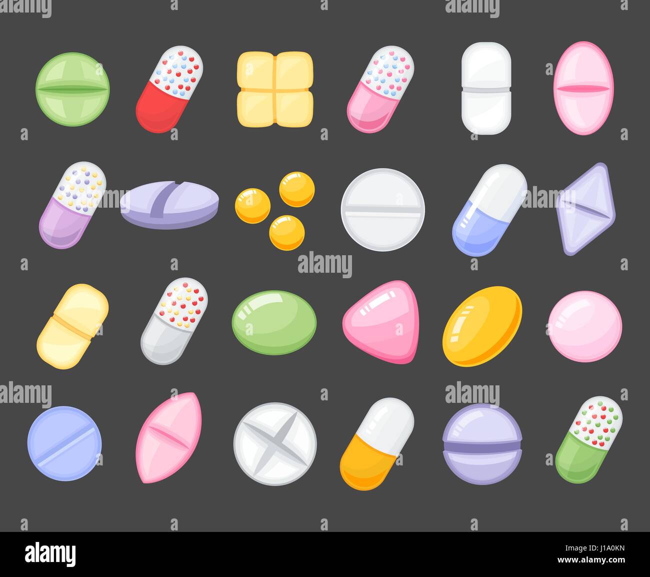 Medicina pillola cartoon, farmaco, tabella, antibiotici, dose di medicinale cartoon flat icone di stile. Illustrazione Vettoriale