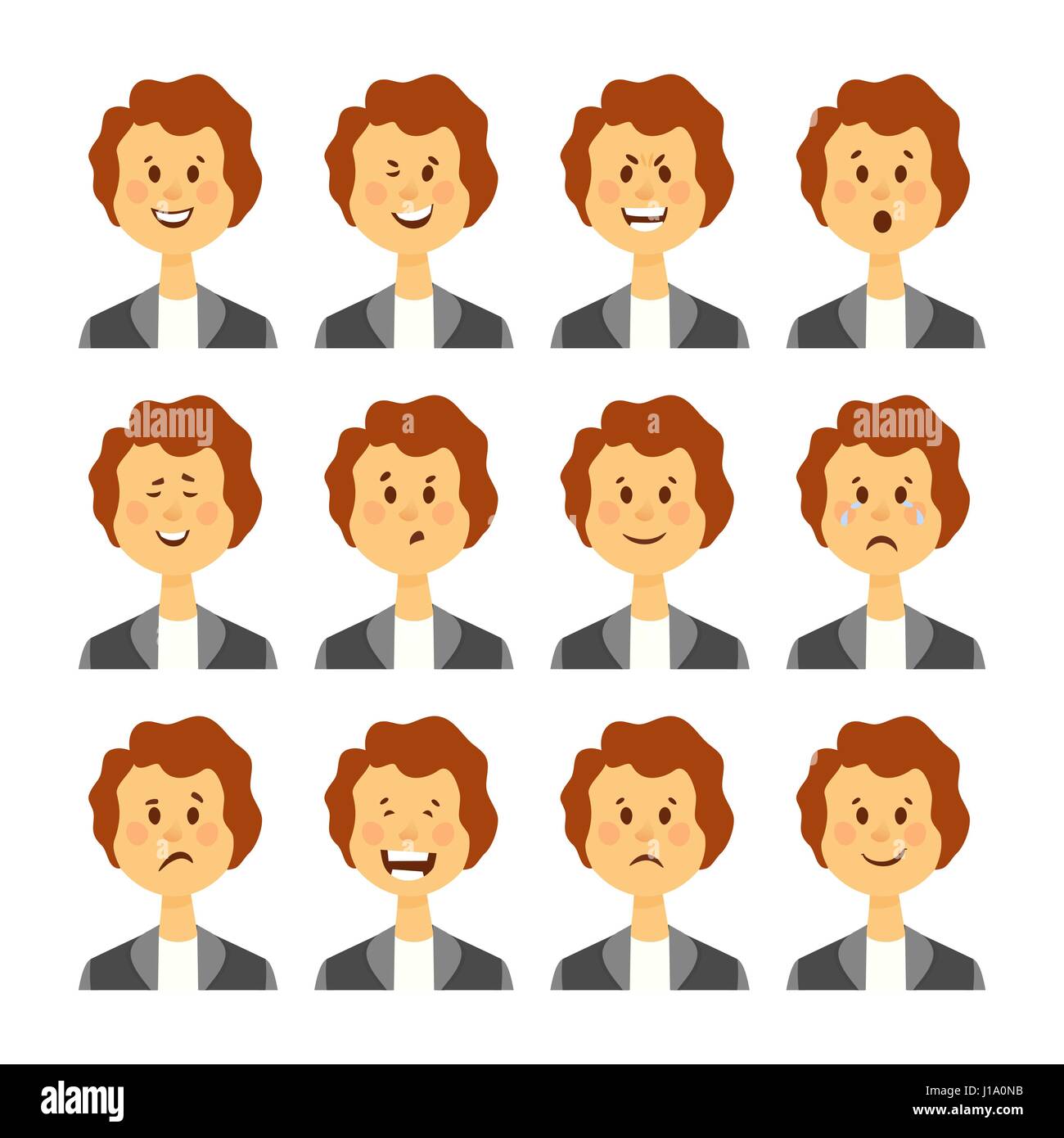 Set di femmina emozioni del viso. Donna barbuta carattere emoji con espressioni diverse. Illustrazione Vettoriale in stile cartoon Illustrazione Vettoriale