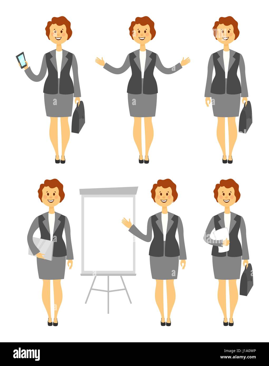 Donna fumetto personaggio in pose diverse business lady set di immagini con i bracci ripiegati attraverso il suo torace illustrazione vettoriale Illustrazione Vettoriale