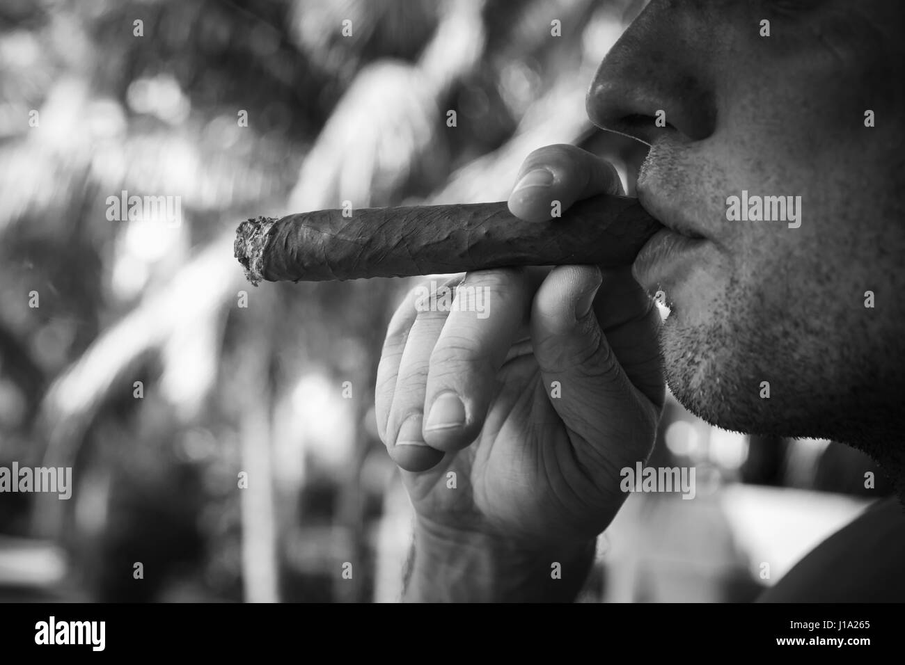 Giovane uomo europeo fuma grande sigaro, vicino la foto in bianco e nero con il fuoco selettivo. Repubblica Dominicana Foto Stock