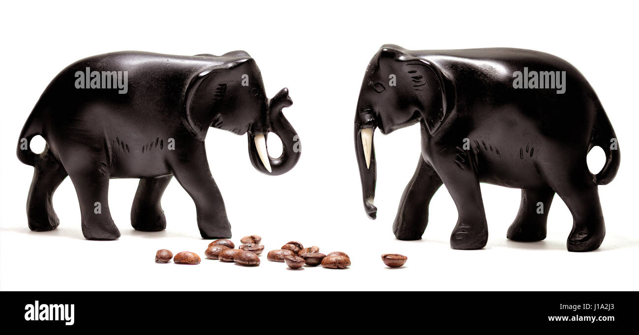 Due elefanti nero con chicchi di caffè Foto Stock