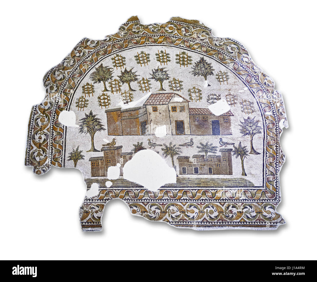 Iv secolo d.c. mosaico romano raffigurazione della Villa Romana di fattorie in Africa. Il Museo di Bardo, Tunisi, Tunisia. Sfondo bianco. Foto Stock