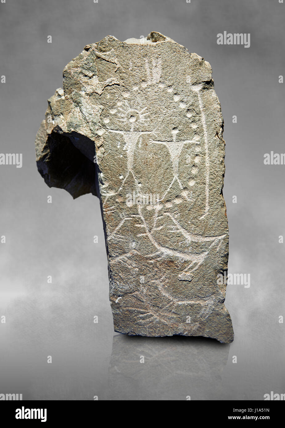 Petroglifi preistorici, incisioni rupestri, scolpiti dalla preistoria Camuni persone in età del rame intorno al 3° milleneum BC, Stele 'Cemmo 4' ex Foto Stock