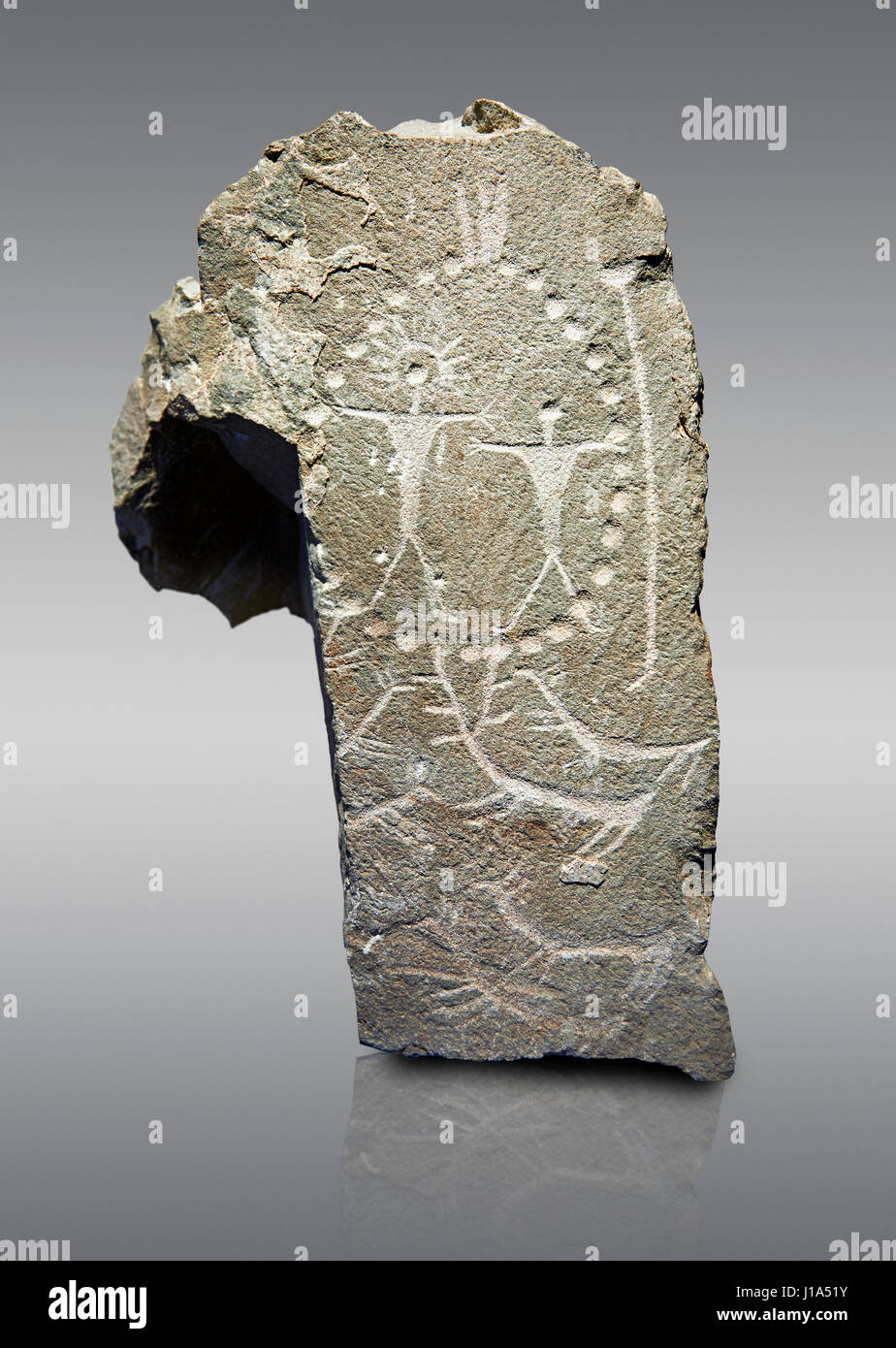 Petroglifi preistorici, incisioni rupestri, scolpiti dalla preistoria Camuni persone in età del rame intorno al 3° milleneum BC, Stele 'Cemmo 4' ex Foto Stock