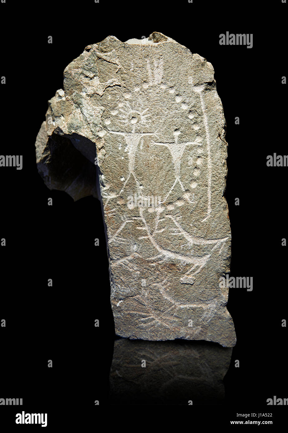 Petroglifi preistorici, incisioni rupestri, scolpiti dalla preistoria Camuni persone in età del rame intorno al 3° milleneum BC, Stele 'Cemmo 4' ex Foto Stock