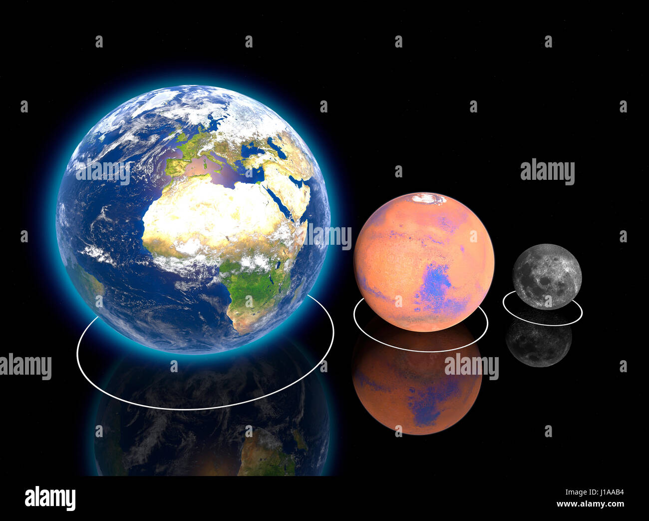 Planetario, la Terra, Marte e Luna Proporzioni, Rapporto, diametro, le grandezze e le dimensioni delle orbite. Gli elementi di questa immagine sono fornite dalla NASA Foto Stock