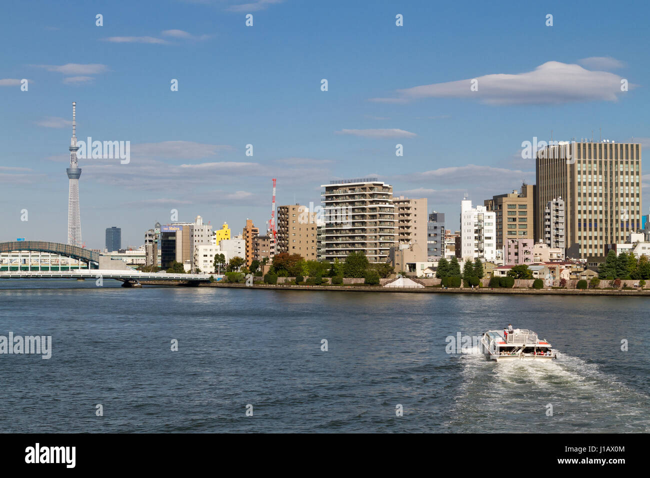 Una barca turistica sul fiume Sumida con lo Skytree di Tokyo dietro. Tokyo, Giappone. Foto Stock