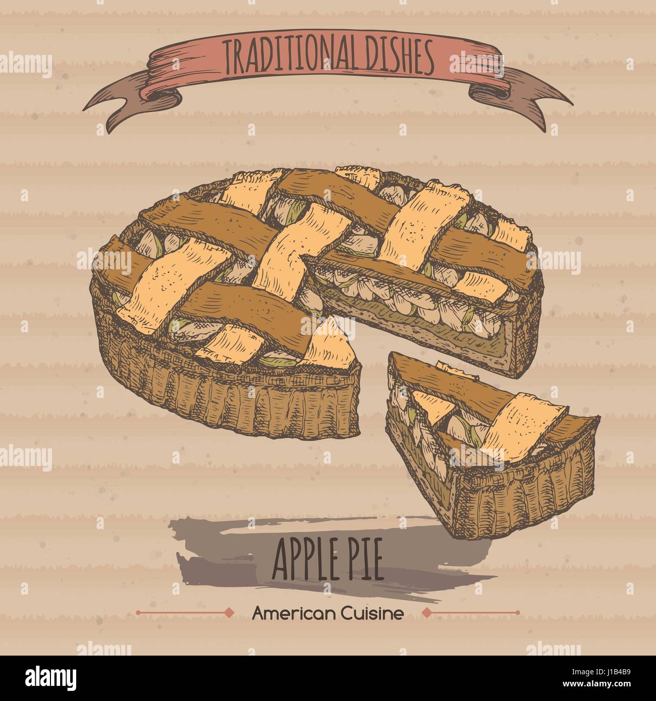 Colore vintage apple pie disegno sullo sfondo di cartone. Piatti tradizionali di raccolta. Illustrazione Vettoriale