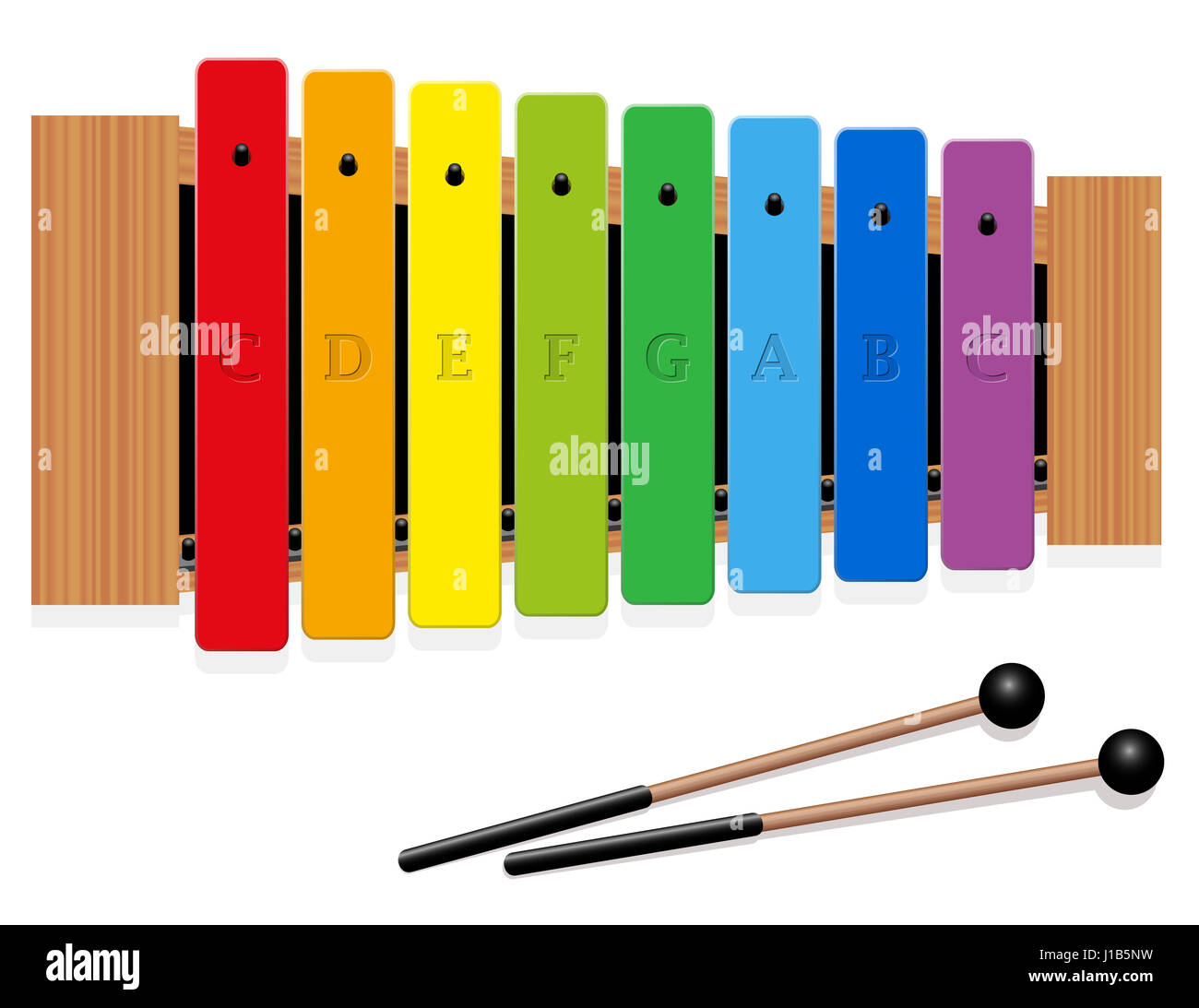 Glockenspiel o metallophone in c major con otto barre marcato, una ottava, in diversi colori e due percussioni mazzuoli - vista dall'alto. Foto Stock