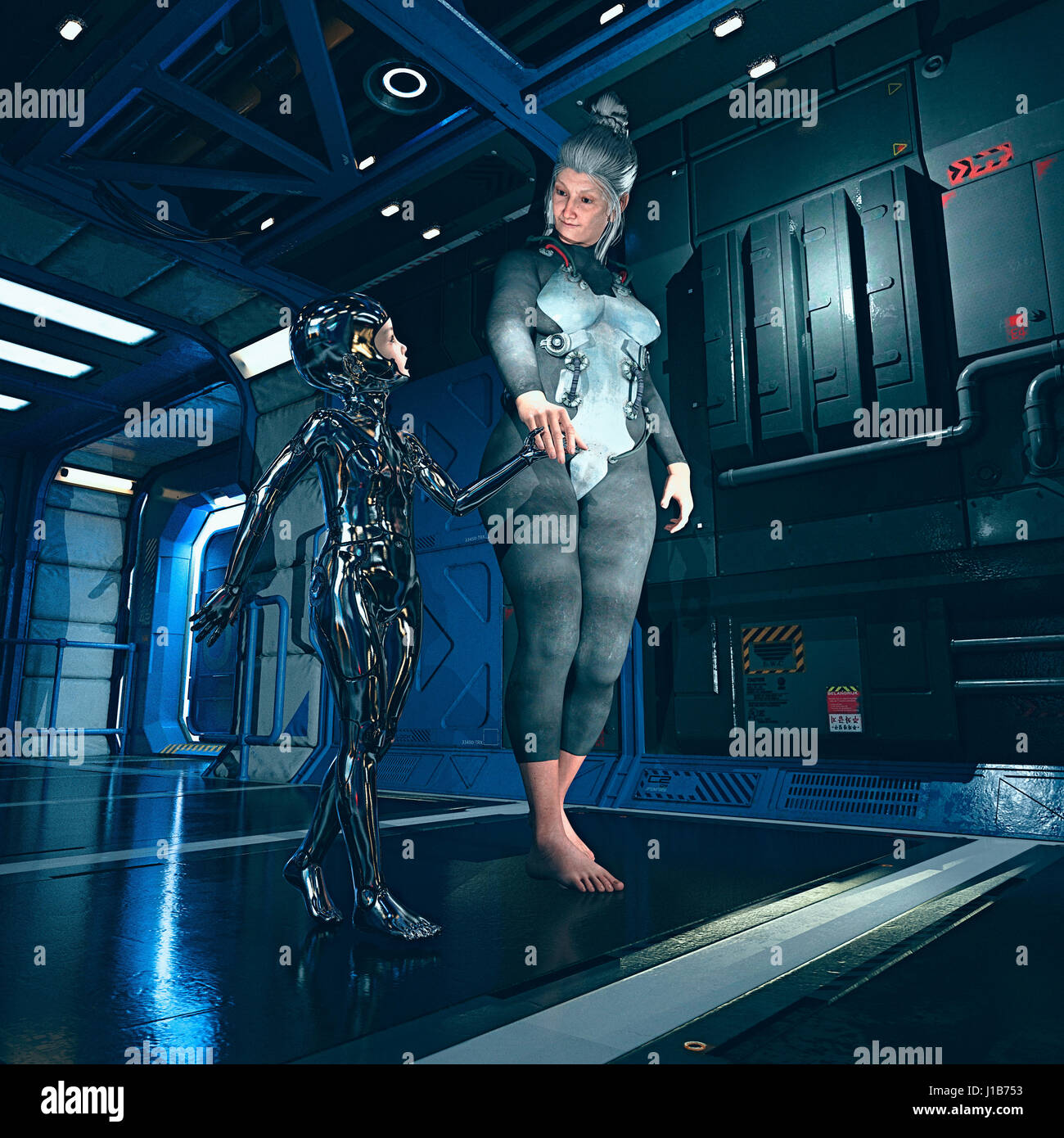 Donna anziana camminando con la ragazza cyborg Foto Stock