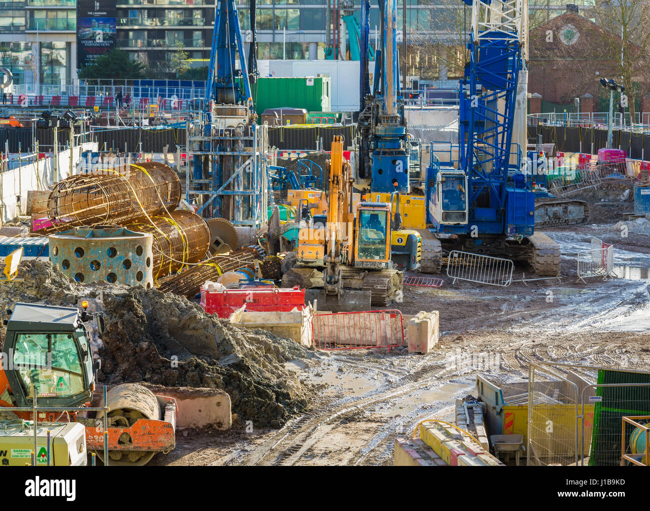 Sito di costruzione - Sito in costruzione - Docklands di Londra, Inghilterra Foto Stock