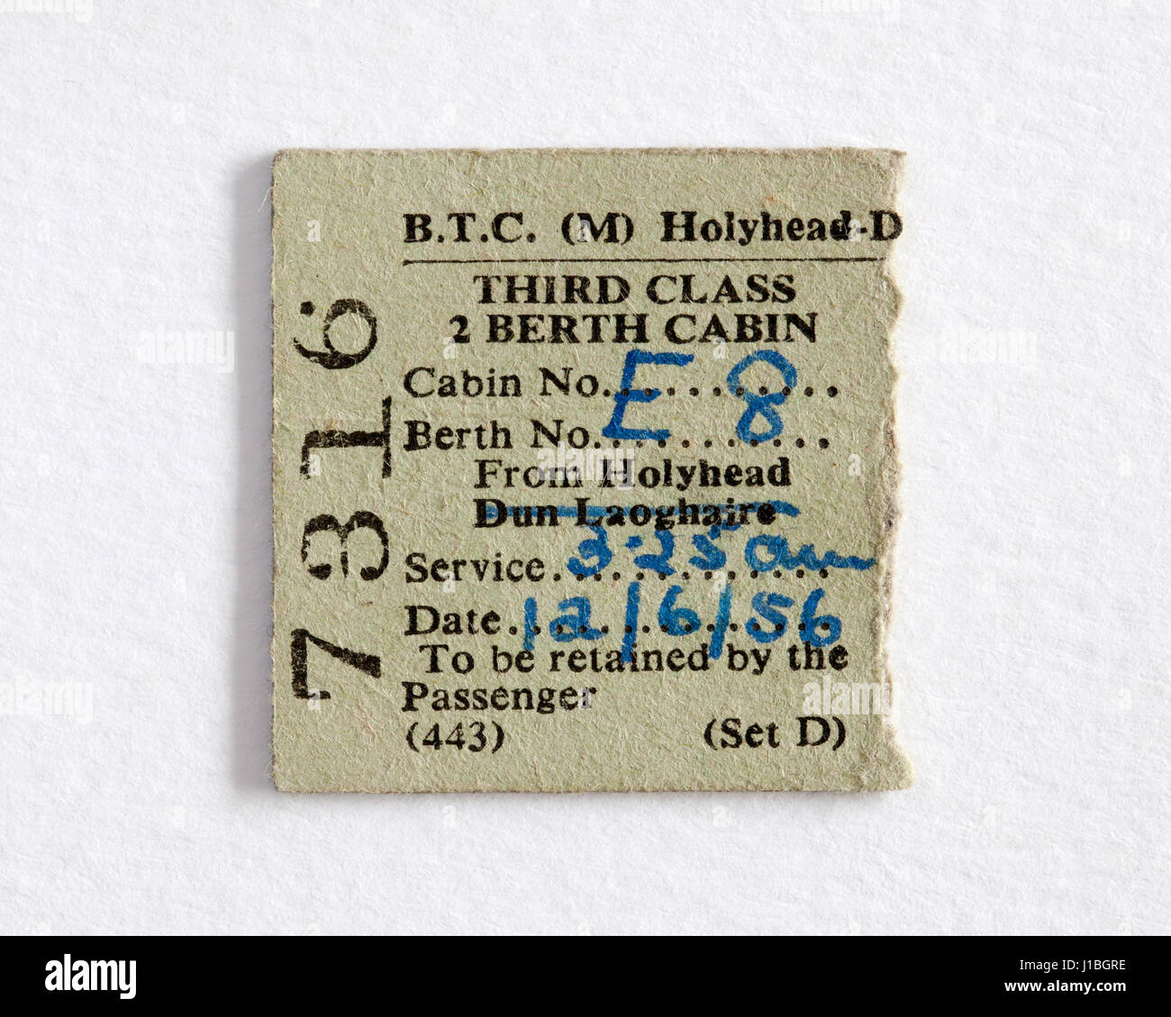 Vecchio Vintage 1956 Holyhead Dublin biglietto del traghetto classe terza cabina - Dun Laoghaire Pernottamento notte Foto Stock