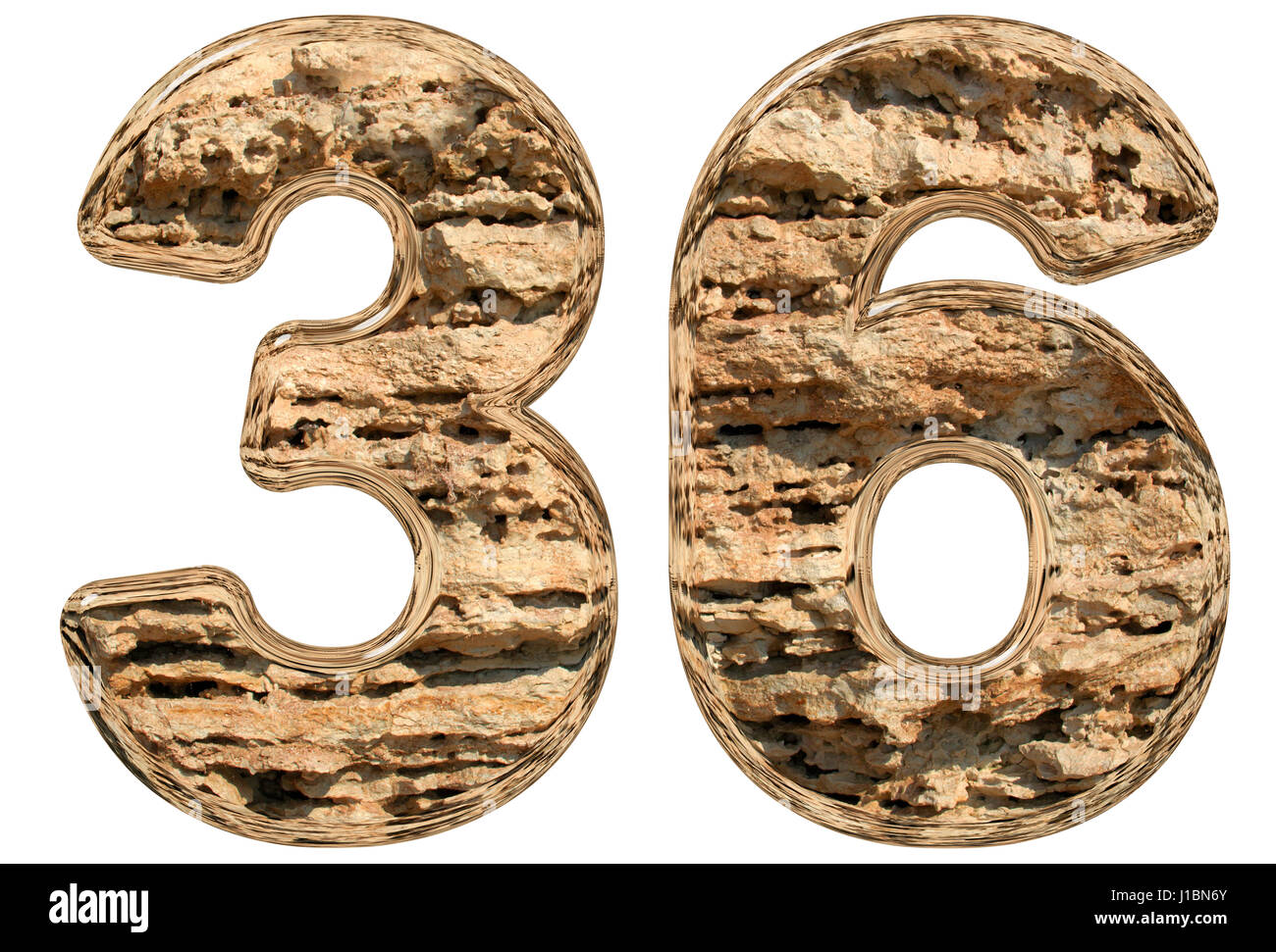 Il numero di riferimento 36, trenta sei, isolato su bianco e pietra calcarea naturale 3d illustrazione Foto Stock