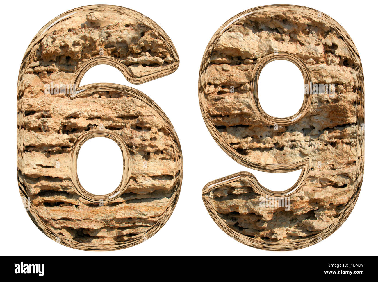 Il numero di riferimento 69, sessanta nove, isolato su bianco e pietra calcarea naturale 3d illustrazione Foto Stock