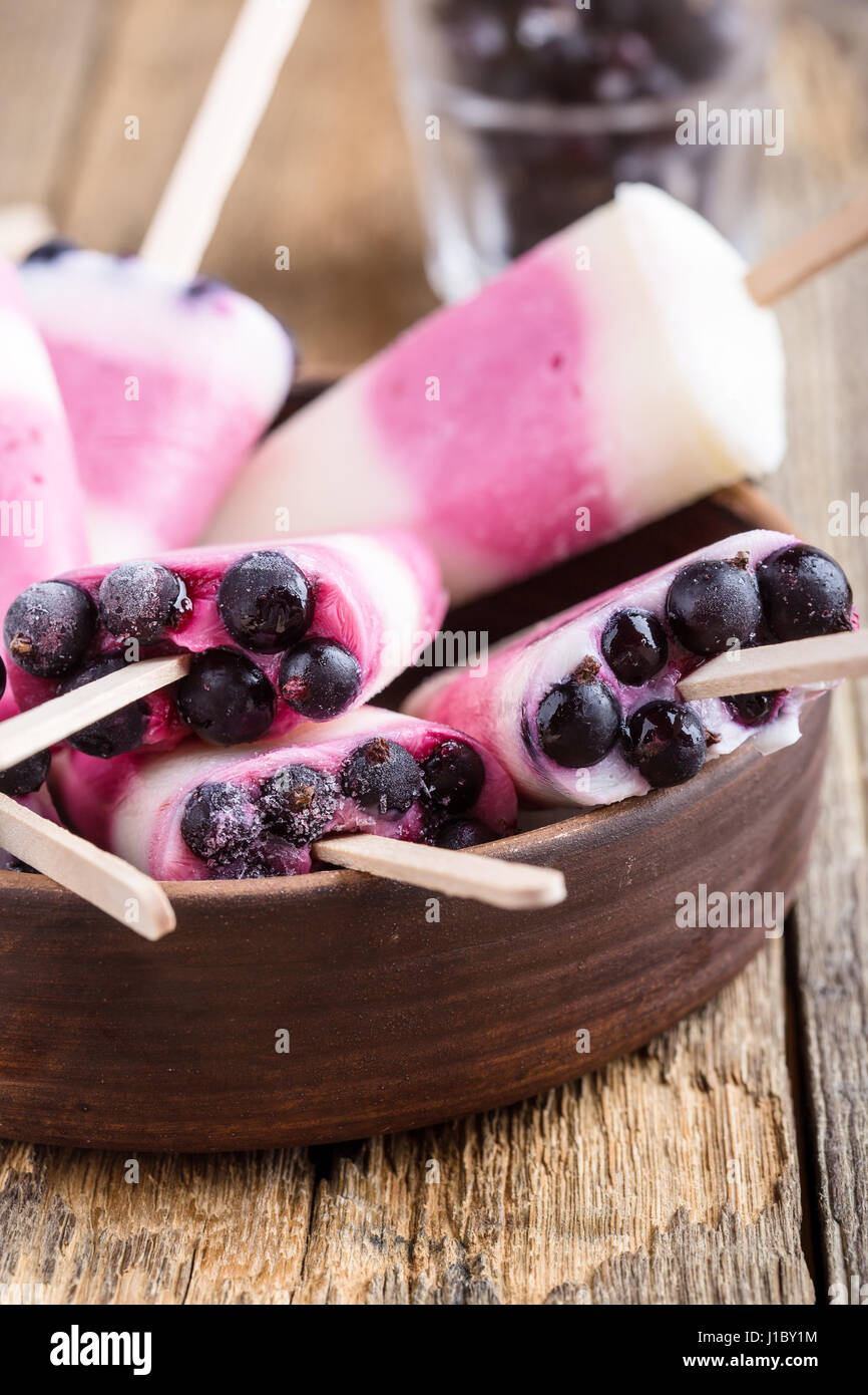 In casa berry yogurt ice pops decorate con ribes nero congelato in ceramica ciotola rustico sul tavolo di legno Foto Stock