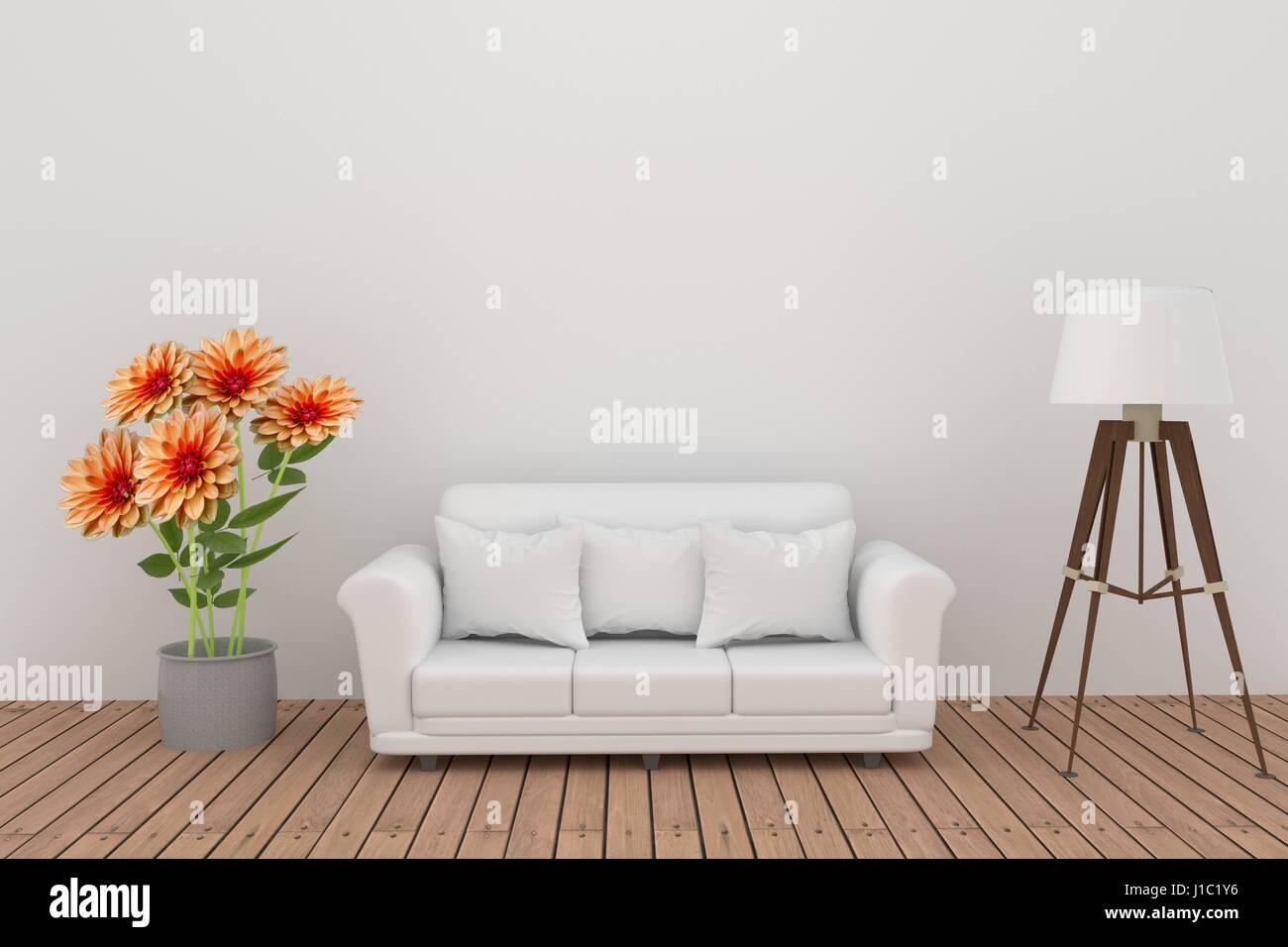 Fiore Dahlia decorazione con divano e lampada in camera bianca interno in 3D rendering Foto Stock