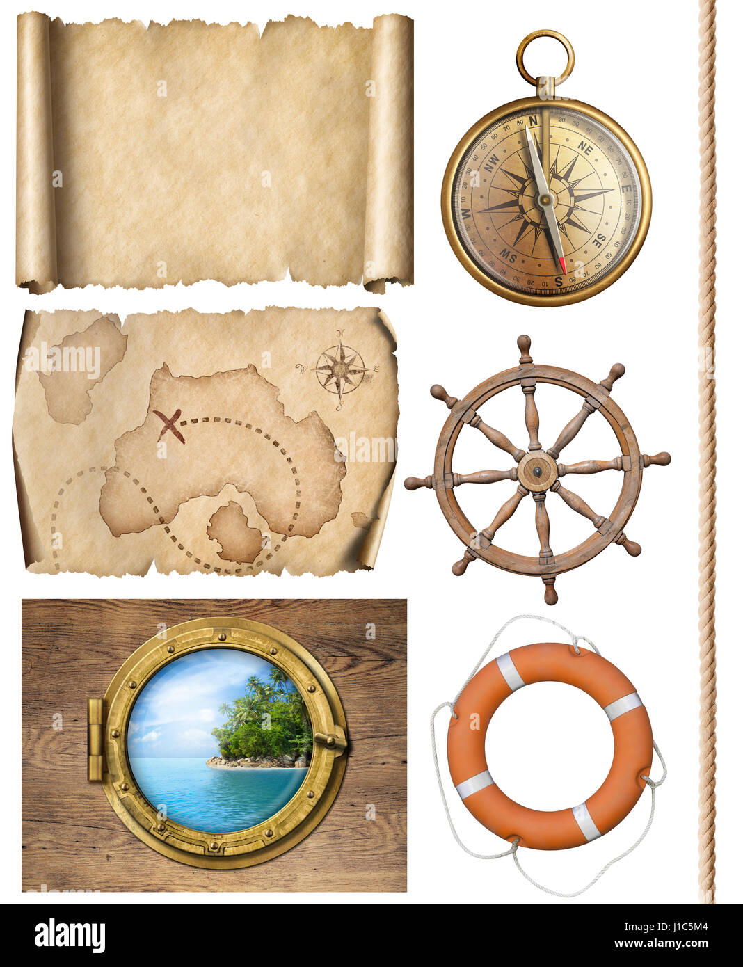 Oggetti nautico corda, mappe, bussola, volante e oblò 3d illustrazione Foto Stock