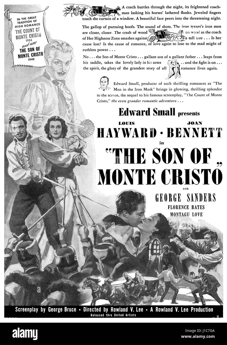 1940 pubblicità negli Stati Uniti per il film il figlio di Monte Cristo, interpretato da Louis Hayward, Joan Bennett e George Sanders. Foto Stock