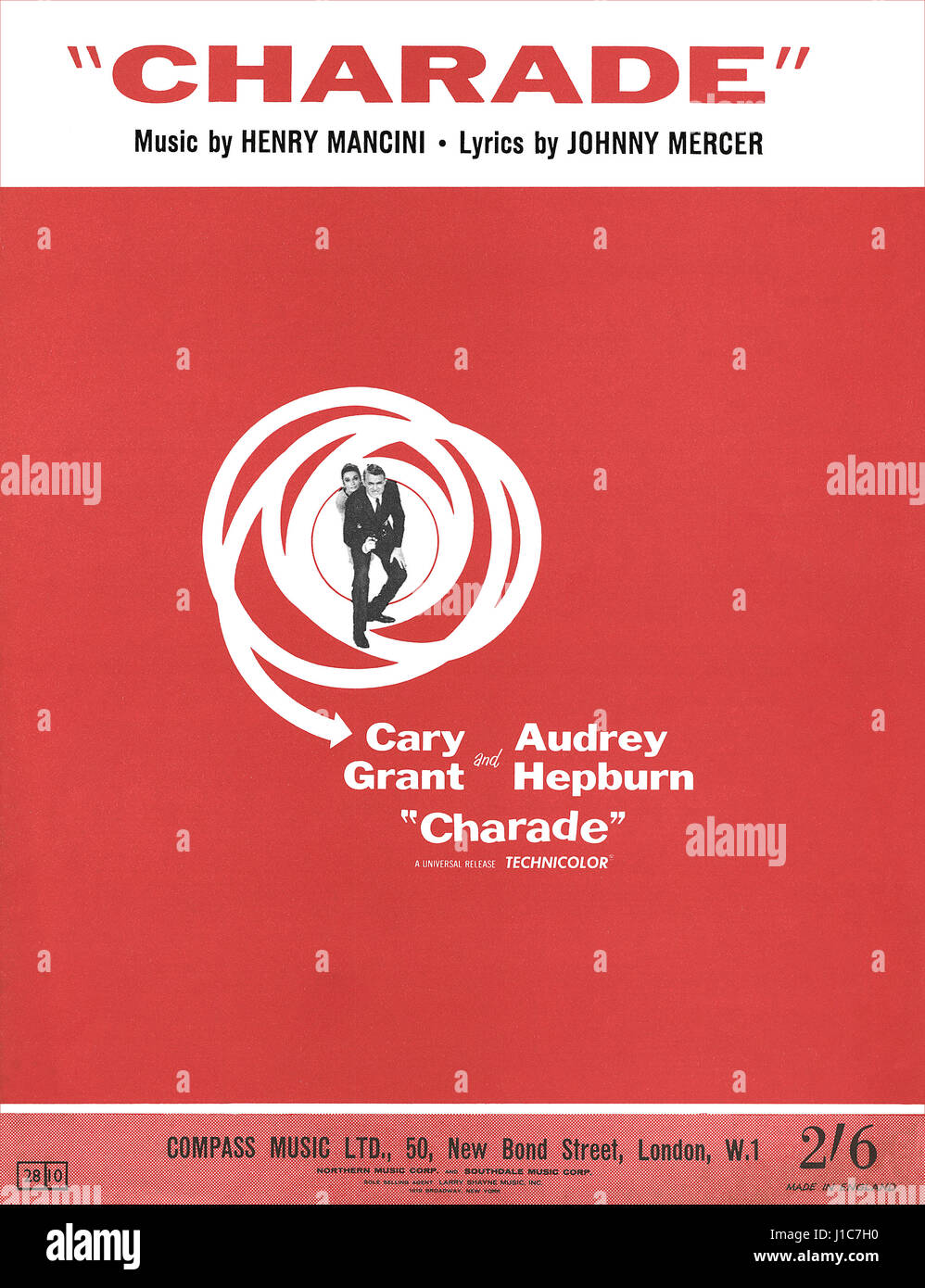 Regno unito foglio di musica per la canzone Charade da Henry Mancini e Johnny Mercer, dal 1963 film sciarada starring Cary Grant e Audrey Hepburn. Foto Stock