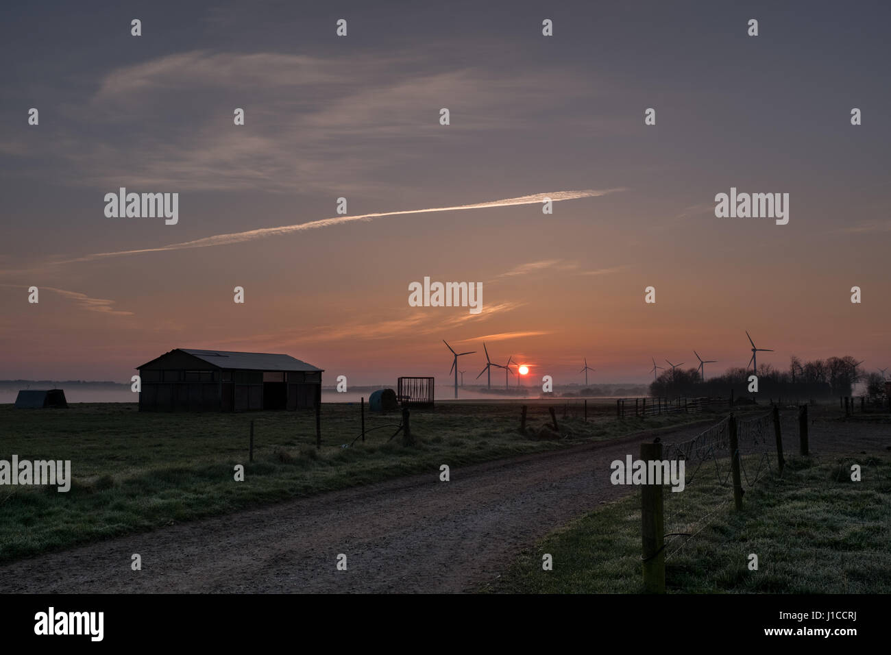 La mattina presto sorgere del sole e la nebbia su southern danese di terreni agricoli vicino Skaerbaek, Danimarca Foto Stock