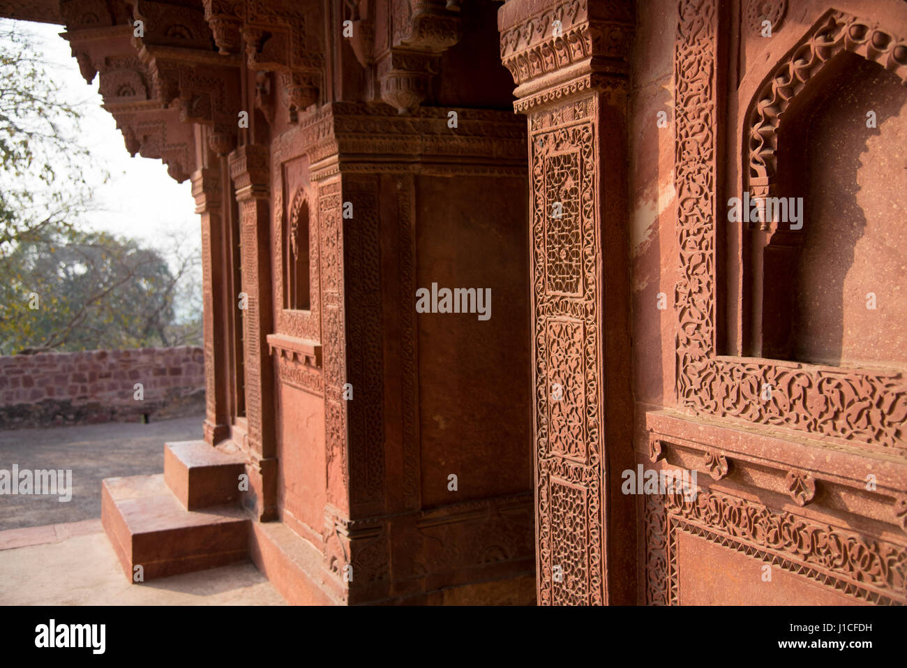 Ornamenti di pietra nel Fatehpur Sikri complessa, India Foto Stock