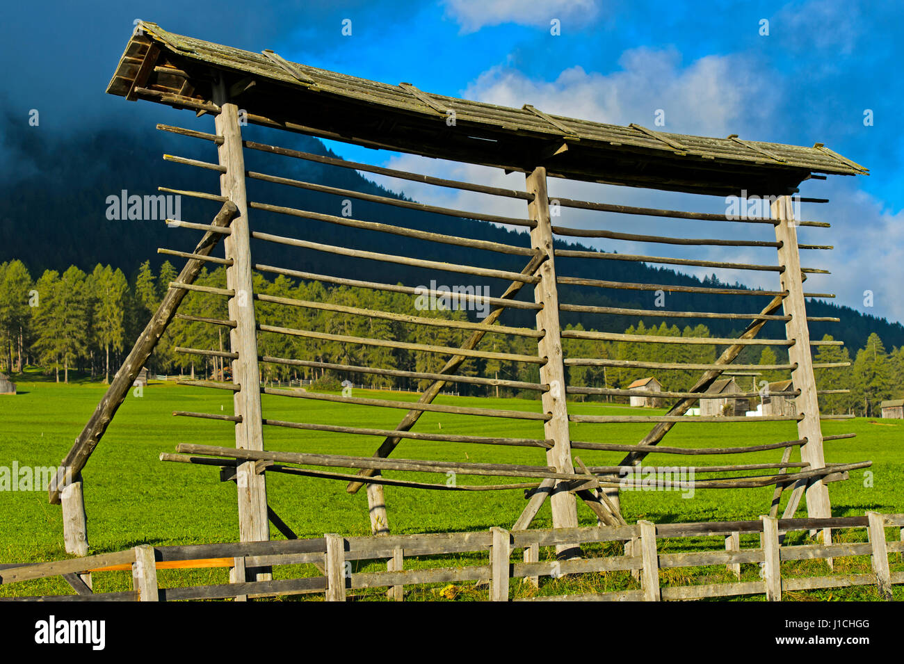 Tradizionale a singola linea retta hayrack su un alm, Sesto, Alto Adige, Italia Foto Stock