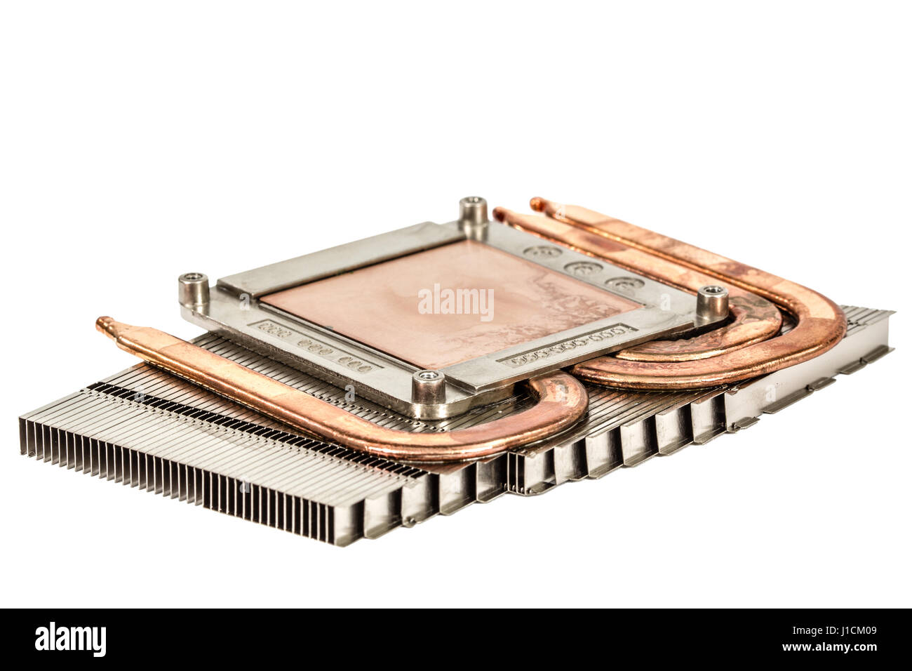 Heatpipe e dei radiatori per il raffreddamento del processore, sistema di raffreddamento, isolato su sfondo bianco Foto Stock