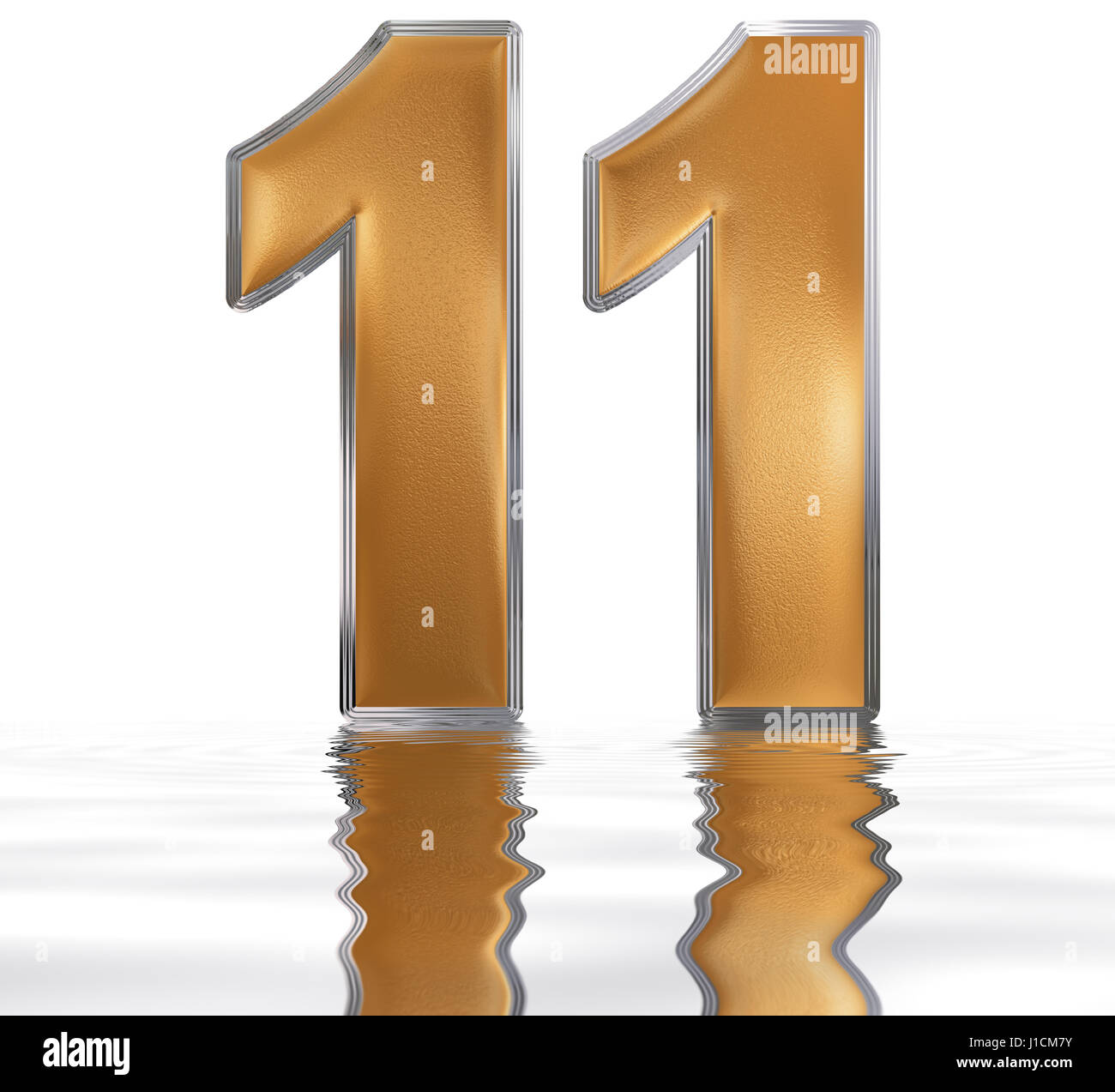 Il numero di riferimento 11, undici, che si riflette sulla superficie dell'acqua, isolato su bianco, 3D render Foto Stock