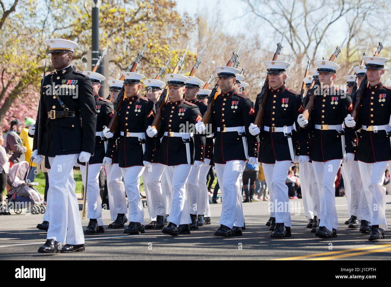 US Marine Corps Guardia d'onore marching durante la sfilata - USA Foto Stock