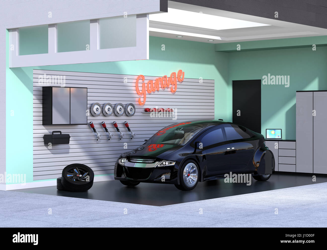 Rosso auto nel garage ed elegante. Il rendering 3D'immagine. Foto Stock